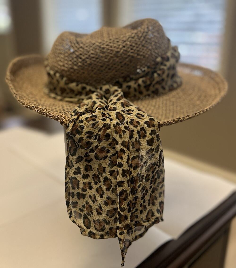 Setmar Beach Women’s Straw Cowboy Hat Leopard Scarf Wide Brim Boho Western